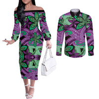 Plumeria Polynesian Pattern Couples Matching Off The Shoulder Long Sleeve Dress and Long Sleeve Button Shirt Unique Fantasy Purple Green LT01 Purple - Polynesian Pride