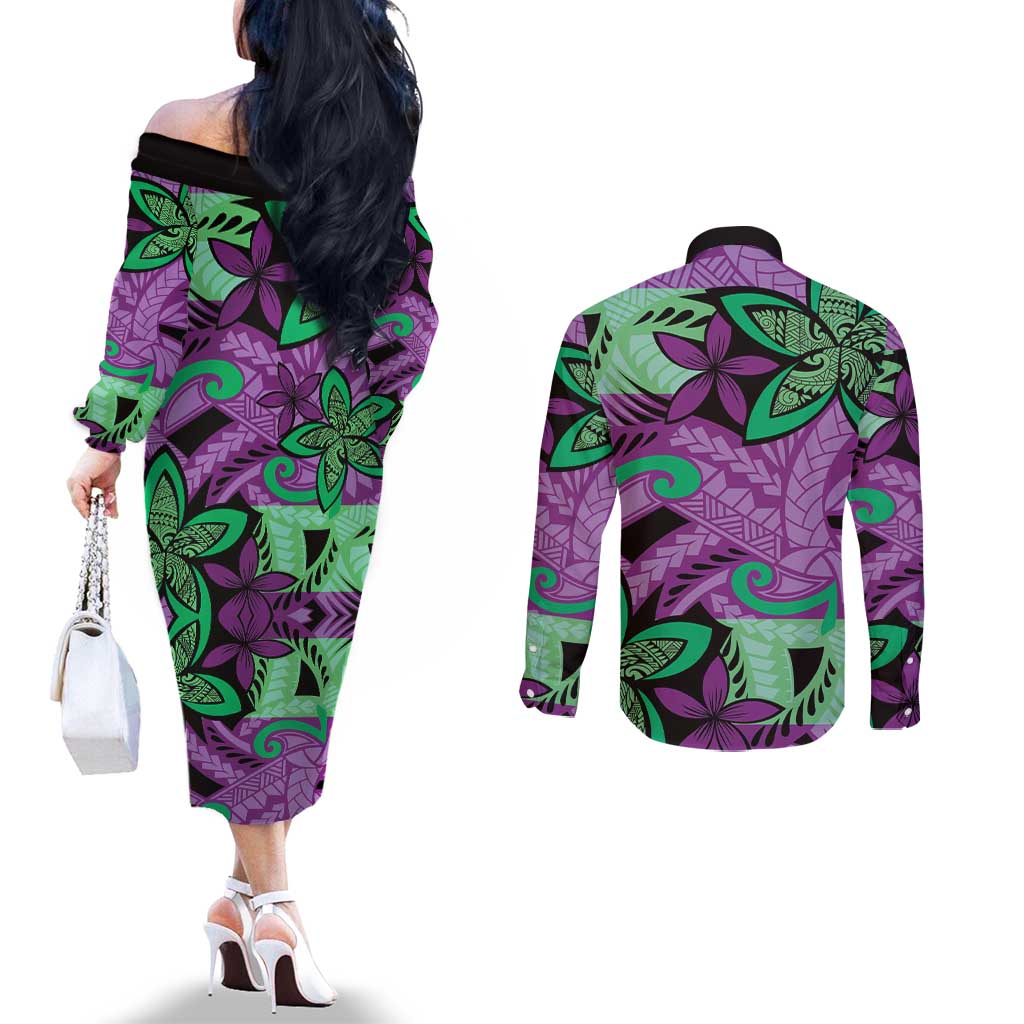 Plumeria Polynesian Pattern Couples Matching Off The Shoulder Long Sleeve Dress and Long Sleeve Button Shirt Unique Fantasy Purple Green LT01 - Polynesian Pride