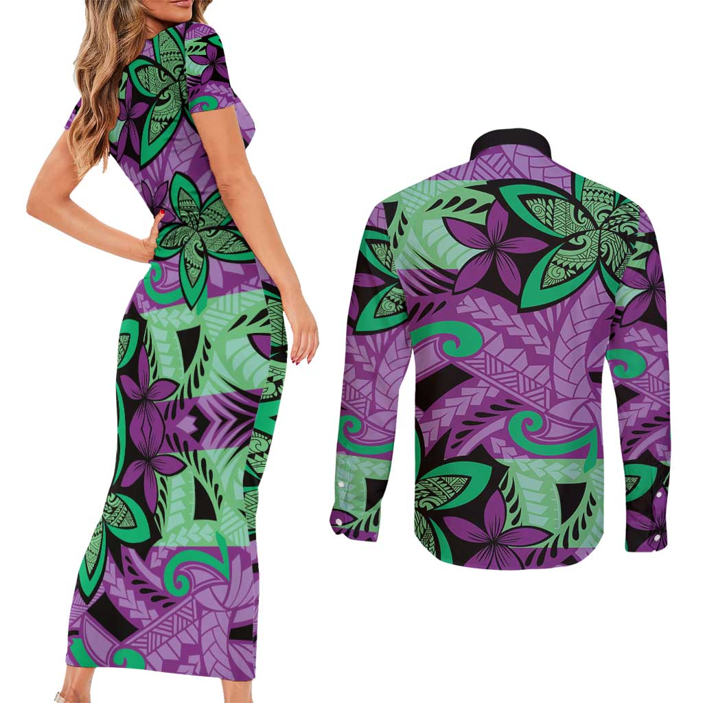 Plumeria Polynesian Pattern Couples Matching Short Sleeve Bodycon Dress and Long Sleeve Button Shirt Unique Fantasy Purple Green