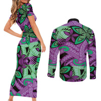 Plumeria Polynesian Pattern Couples Matching Short Sleeve Bodycon Dress and Long Sleeve Button Shirt Unique Fantasy Purple Green
