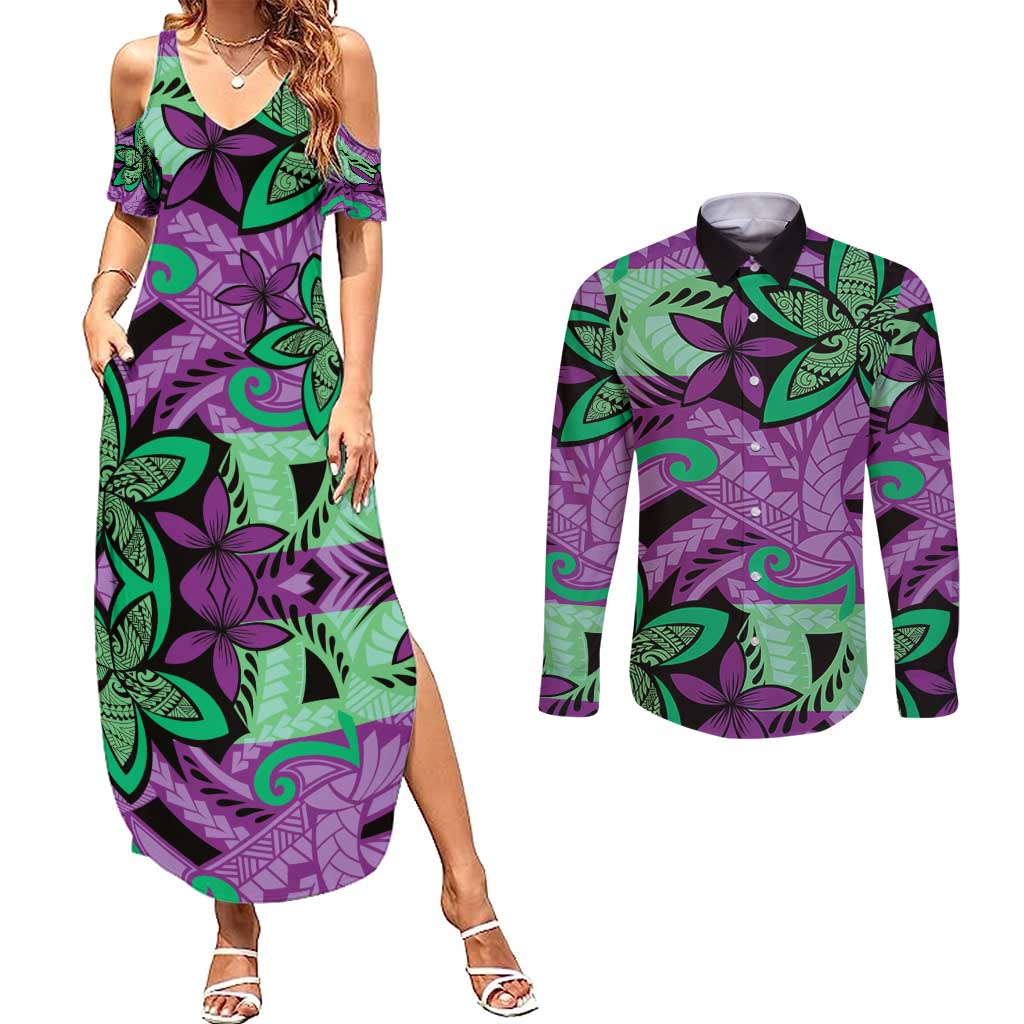 Plumeria Polynesian Pattern Couples Matching Summer Maxi Dress and Long Sleeve Button Shirt Unique Fantasy Purple Green