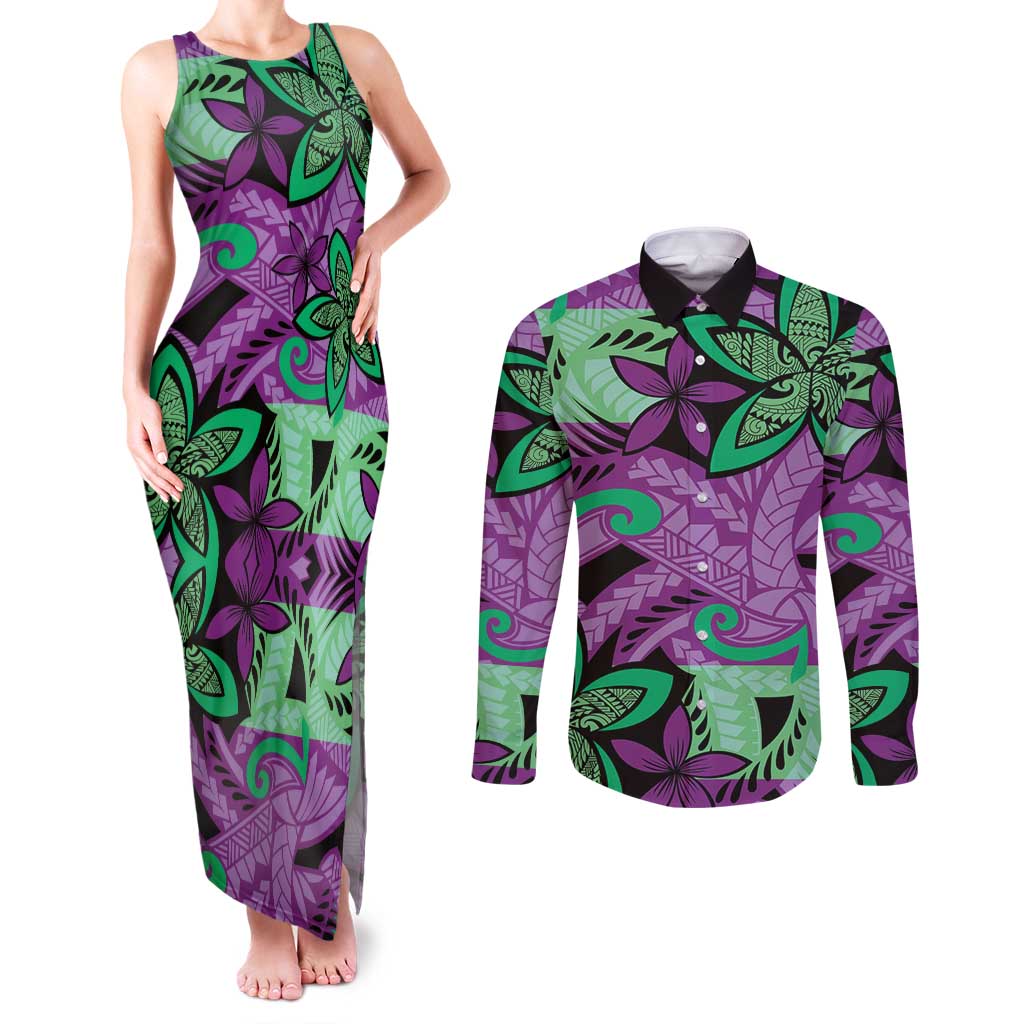 Plumeria Polynesian Pattern Couples Matching Tank Maxi Dress and Long Sleeve Button Shirt Unique Fantasy Purple Green