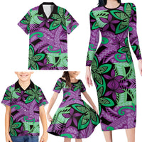Plumeria Polynesian Pattern Family Matching Long Sleeve Bodycon Dress and Hawaiian Shirt Unique Fantasy Purple Green LT01 - Polynesian Pride