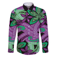 Plumeria Polynesian Pattern Family Matching Long Sleeve Bodycon Dress and Hawaiian Shirt Unique Fantasy Purple Green LT01 Dad's Shirt - Long Sleeve Purple - Polynesian Pride