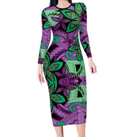 Plumeria Polynesian Pattern Family Matching Long Sleeve Bodycon Dress and Hawaiian Shirt Unique Fantasy Purple Green LT01 Mom's Dress Purple - Polynesian Pride