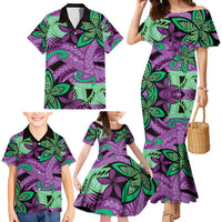 Plumeria Polynesian Pattern Family Matching Mermaid Dress and Hawaiian Shirt Unique Fantasy Purple Green LT01 - Polynesian Pride