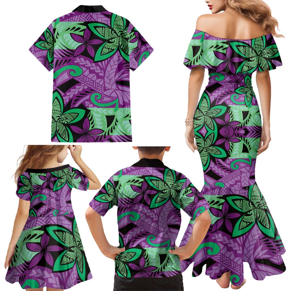 Plumeria Polynesian Pattern Family Matching Mermaid Dress and Hawaiian Shirt Unique Fantasy Purple Green LT01 - Polynesian Pride