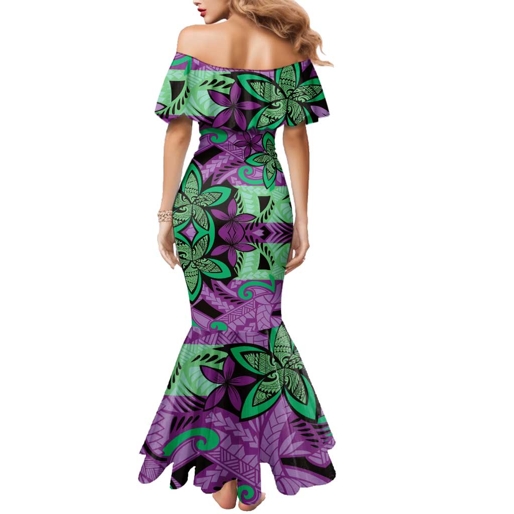 Plumeria Polynesian Pattern Family Matching Mermaid Dress and Hawaiian Shirt Unique Fantasy Purple Green LT01 - Polynesian Pride