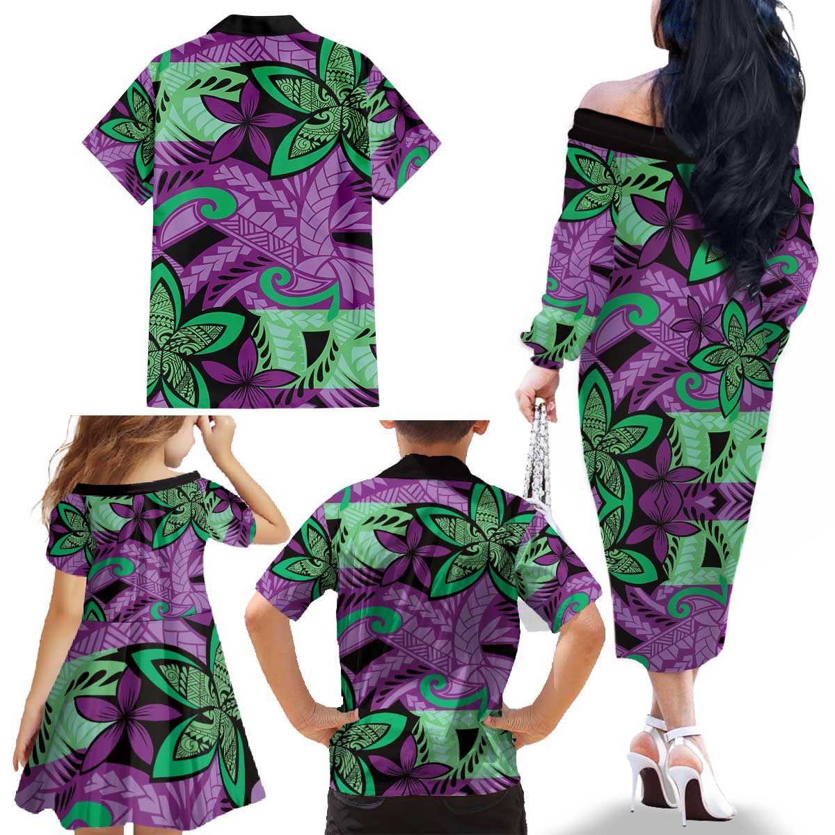 Plumeria Polynesian Pattern Family Matching Off The Shoulder Long Sleeve Dress and Hawaiian Shirt Unique Fantasy Purple Green LT01 - Polynesian Pride