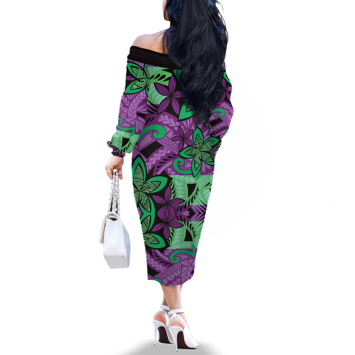 Plumeria Polynesian Pattern Family Matching Off The Shoulder Long Sleeve Dress and Hawaiian Shirt Unique Fantasy Purple Green LT01 - Polynesian Pride