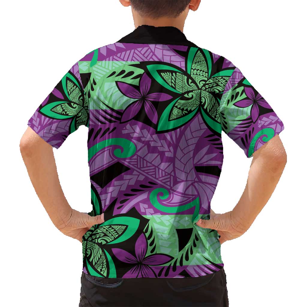 Plumeria Polynesian Pattern Family Matching Off Shoulder Short Dress and Hawaiian Shirt Unique Fantasy Purple Green