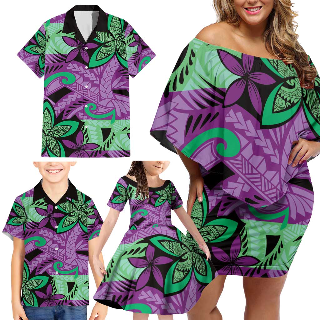Plumeria Polynesian Pattern Family Matching Off Shoulder Short Dress and Hawaiian Shirt Unique Fantasy Purple Green