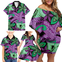 Plumeria Polynesian Pattern Family Matching Off Shoulder Short Dress and Hawaiian Shirt Unique Fantasy Purple Green