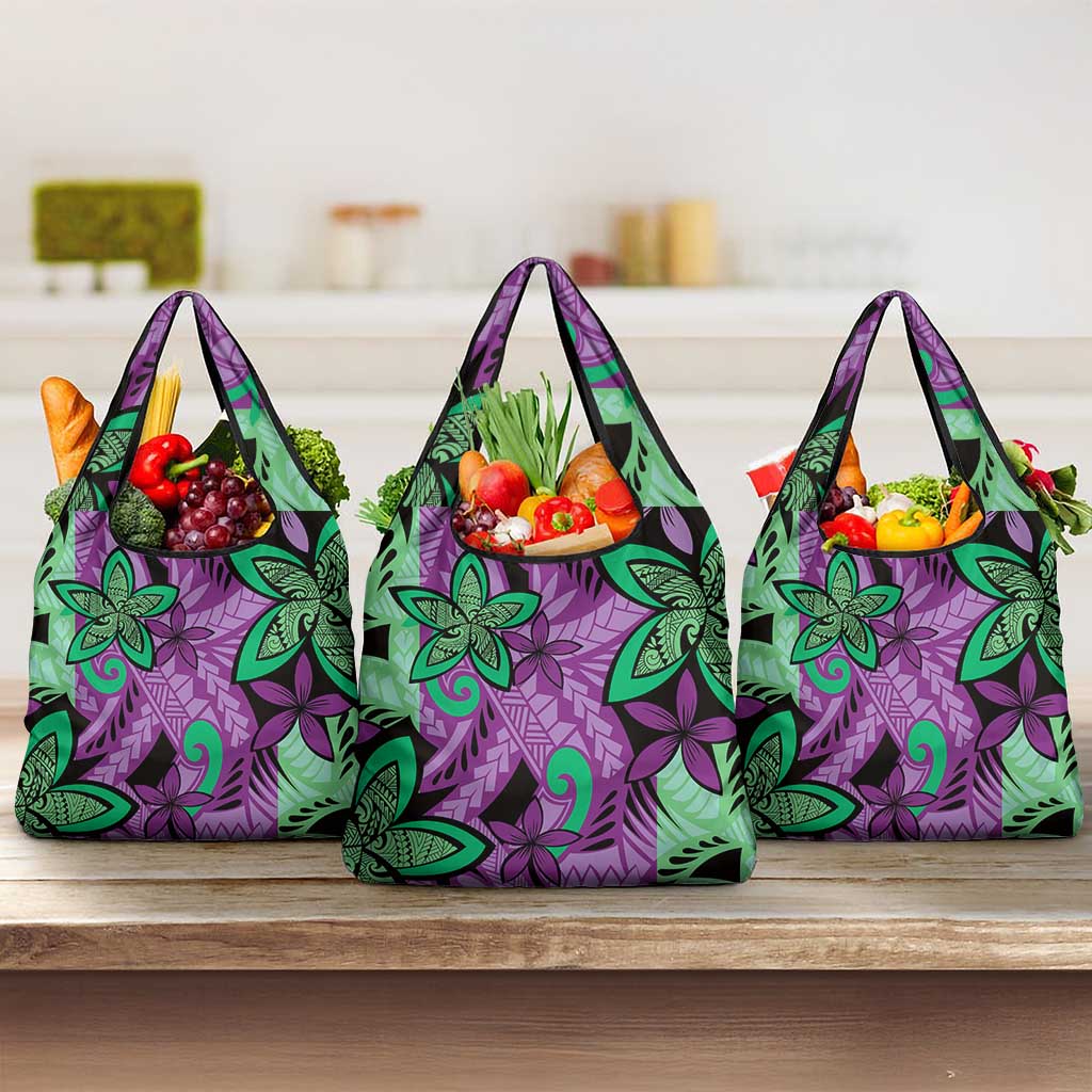 Plumeria Polynesian Pattern Grocery Bag Unique Fantasy Purple Green LT01 3-pack One Size Purple - Polynesian Pride