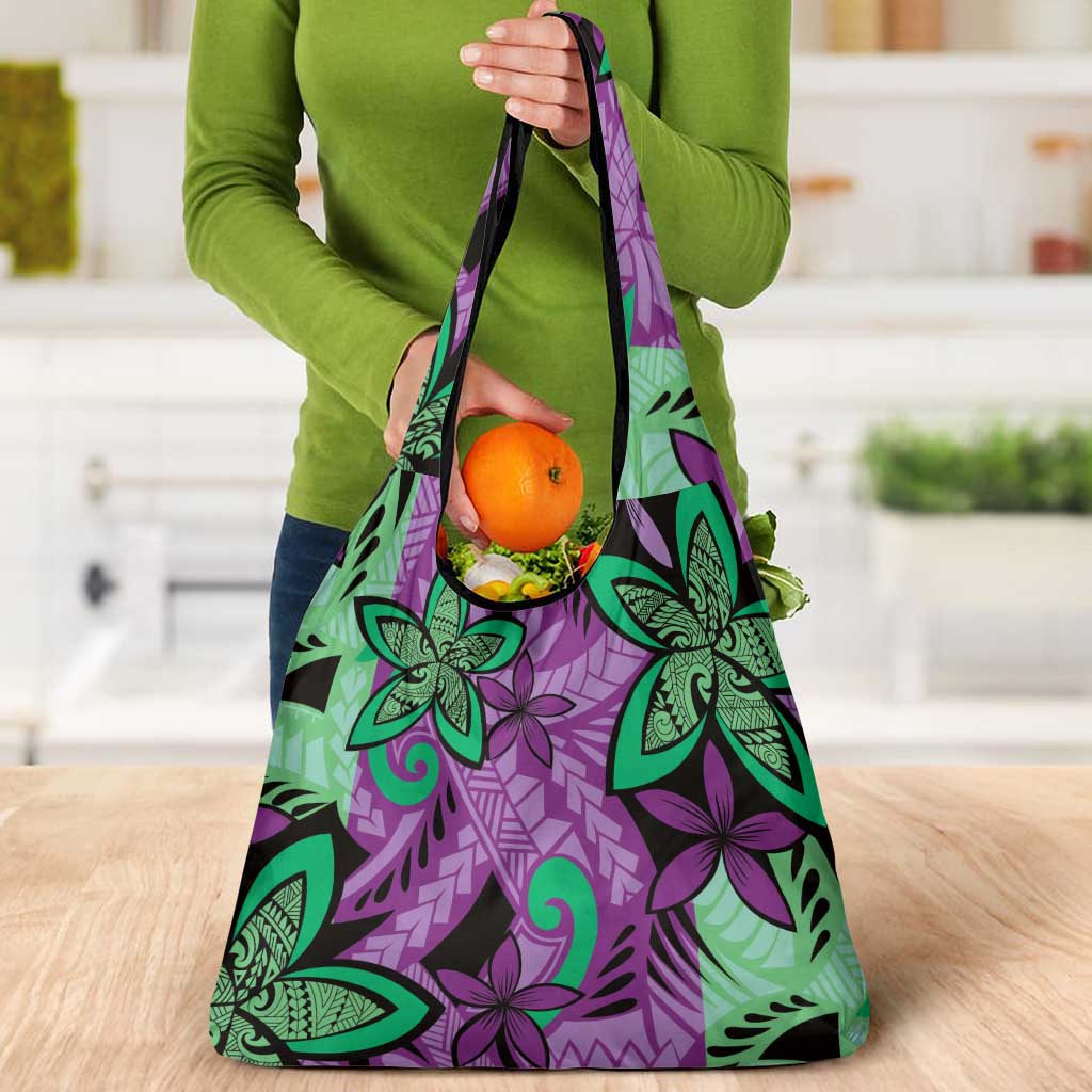 Plumeria Polynesian Pattern Grocery Bag Unique Fantasy Purple Green LT01 - Polynesian Pride