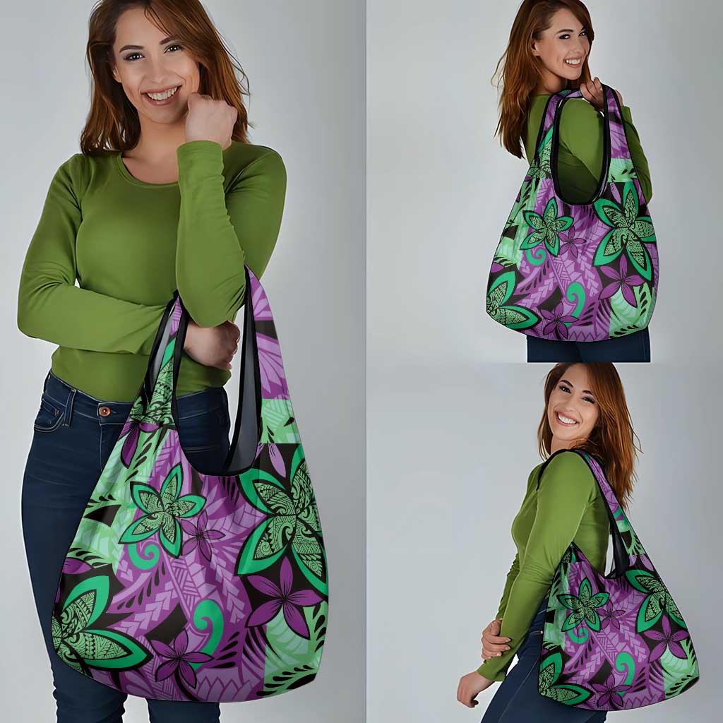 Plumeria Polynesian Pattern Grocery Bag Unique Fantasy Purple Green LT01 - Polynesian Pride
