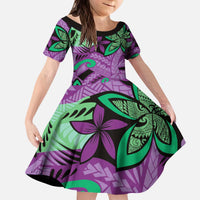 Plumeria Polynesian Pattern Kid Short Sleeve Dress Unique Fantasy Purple Green