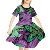 Plumeria Polynesian Pattern Kid Short Sleeve Dress Unique Fantasy Purple Green