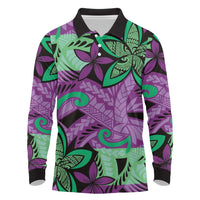 Plumeria Polynesian Pattern Long Sleeve Polo Shirt Unique Fantasy Purple Green LT01 Purple - Polynesian Pride