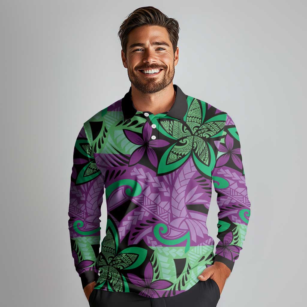 Plumeria Polynesian Pattern Long Sleeve Polo Shirt Unique Fantasy Purple Green LT01 - Polynesian Pride
