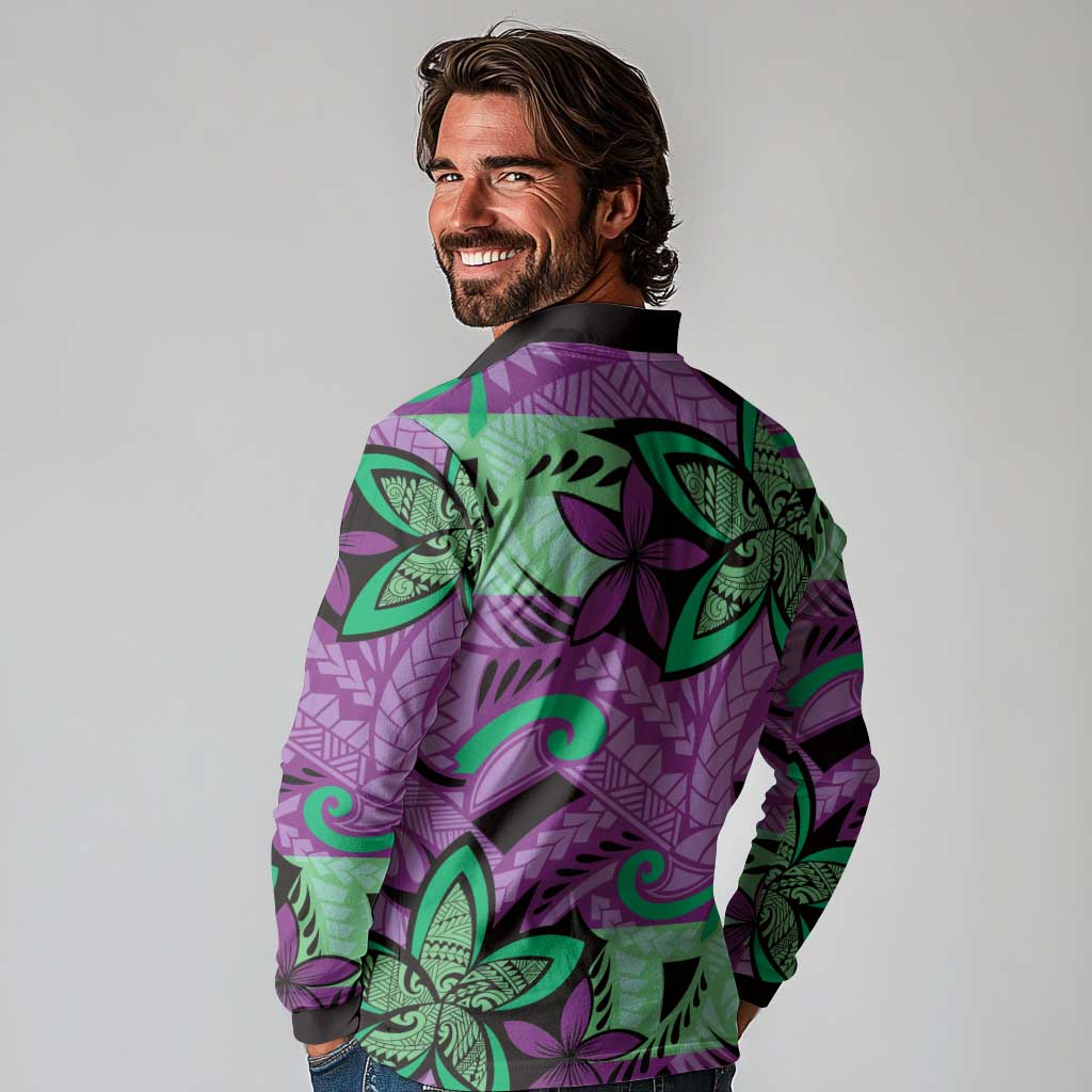 Plumeria Polynesian Pattern Long Sleeve Polo Shirt Unique Fantasy Purple Green LT01 - Polynesian Pride