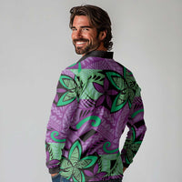 Plumeria Polynesian Pattern Long Sleeve Polo Shirt Unique Fantasy Purple Green LT01 - Polynesian Pride