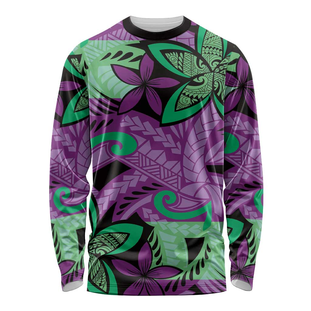 Plumeria Polynesian Pattern Long Sleeve Shirt Unique Fantasy Purple Green