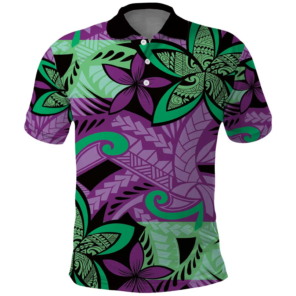 Plumeria Polynesian Pattern Polo Shirt Unique Fantasy Purple Green