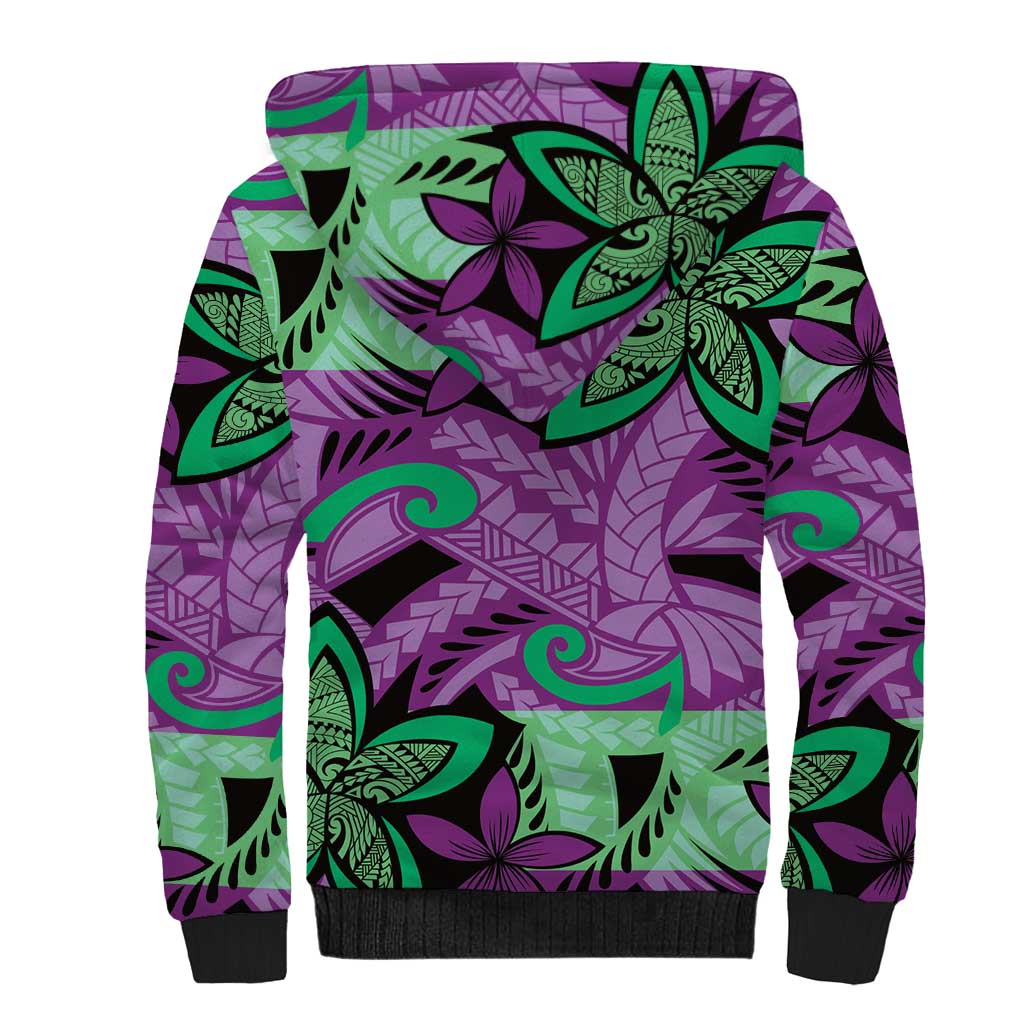 Plumeria Polynesian Pattern Sherpa Hoodie Unique Fantasy Purple Green