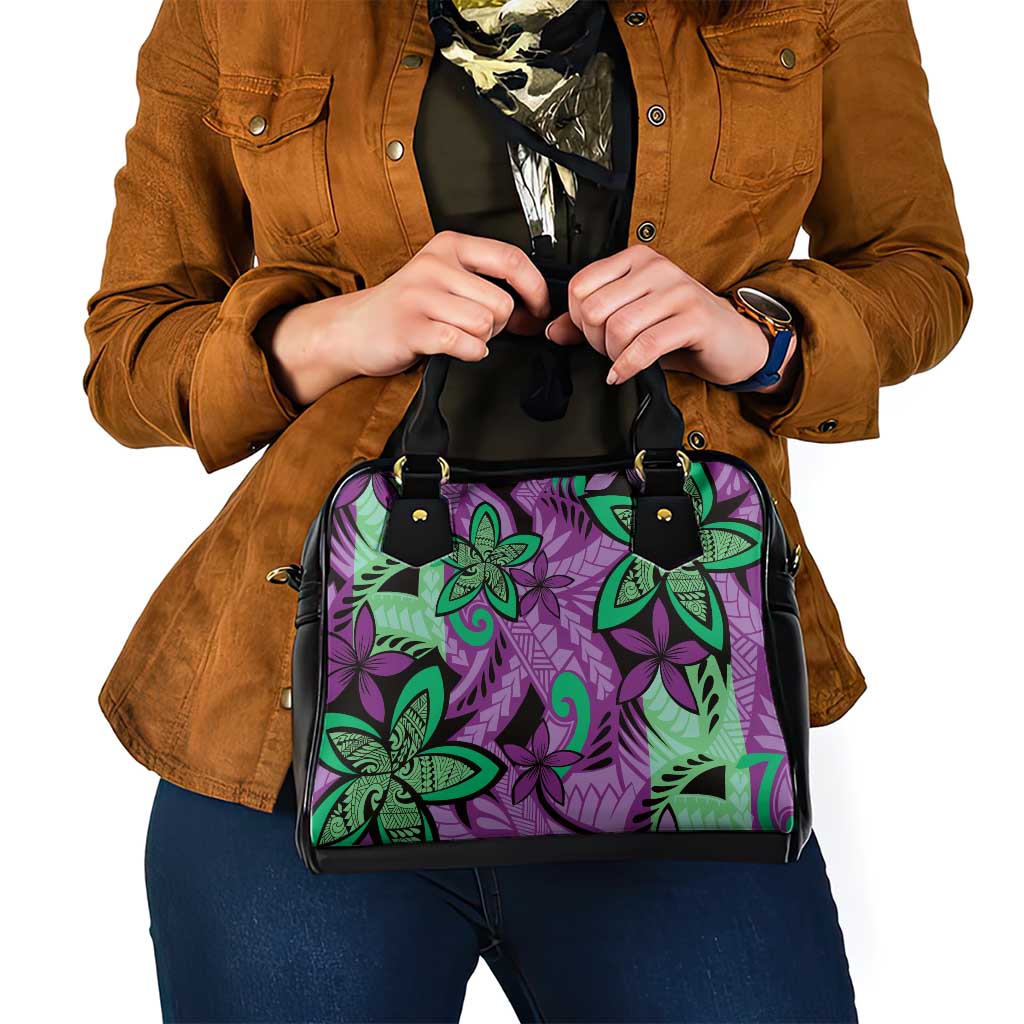 Plumeria Polynesian Pattern Shoulder Handbag Unique Fantasy Purple Green