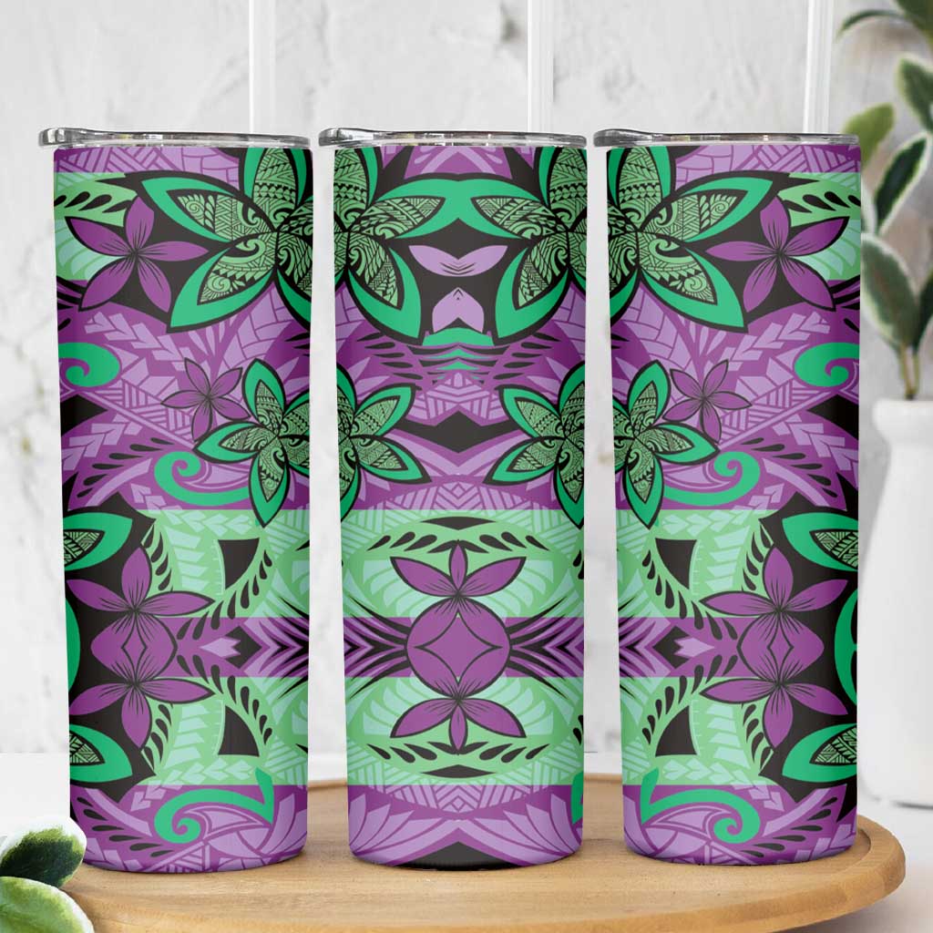 Plumeria Polynesian Pattern Skinny Tumbler Unique Fantasy Purple Green
