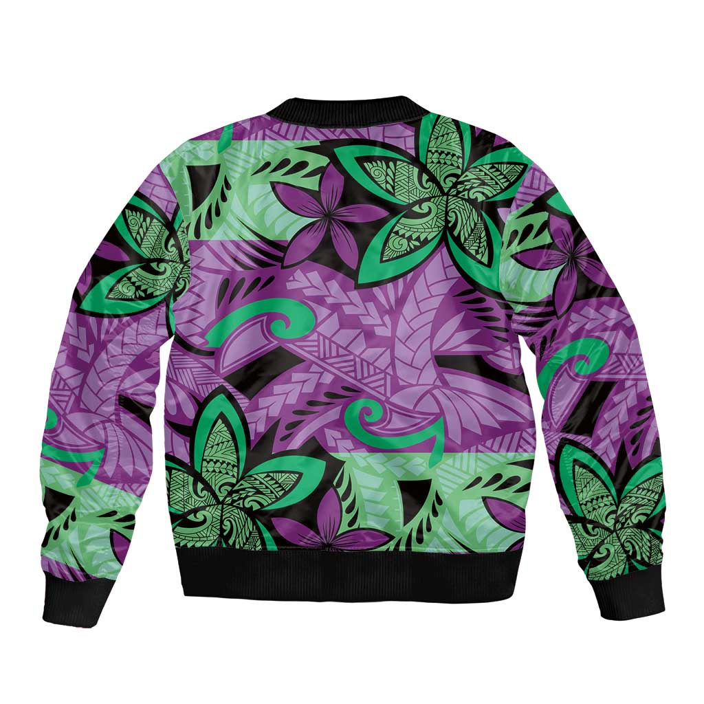 Plumeria Polynesian Pattern Sleeve Zip Bomber Jacket Unique Fantasy Purple Green LT01 - Polynesian Pride