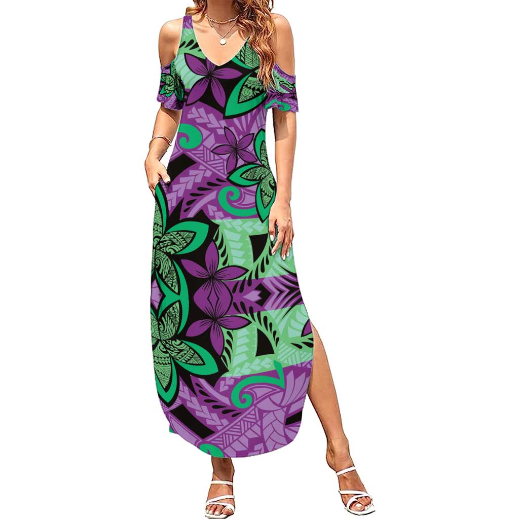 Plumeria Polynesian Pattern Summer Maxi Dress Unique Fantasy Purple Green