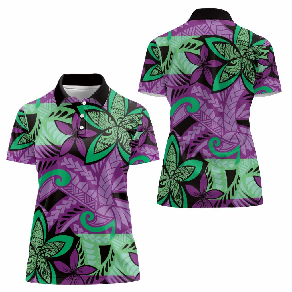 Plumeria Polynesian Pattern Women Polo Shirt Unique Fantasy Purple Green