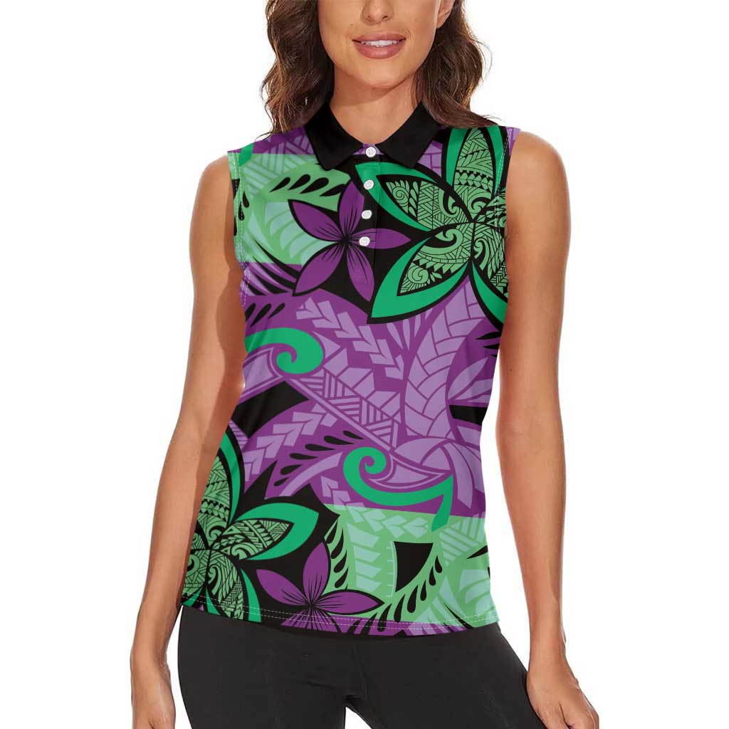 Plumeria Polynesian Pattern Women Sleeveless Polo Shirt Unique Fantasy Purple Green