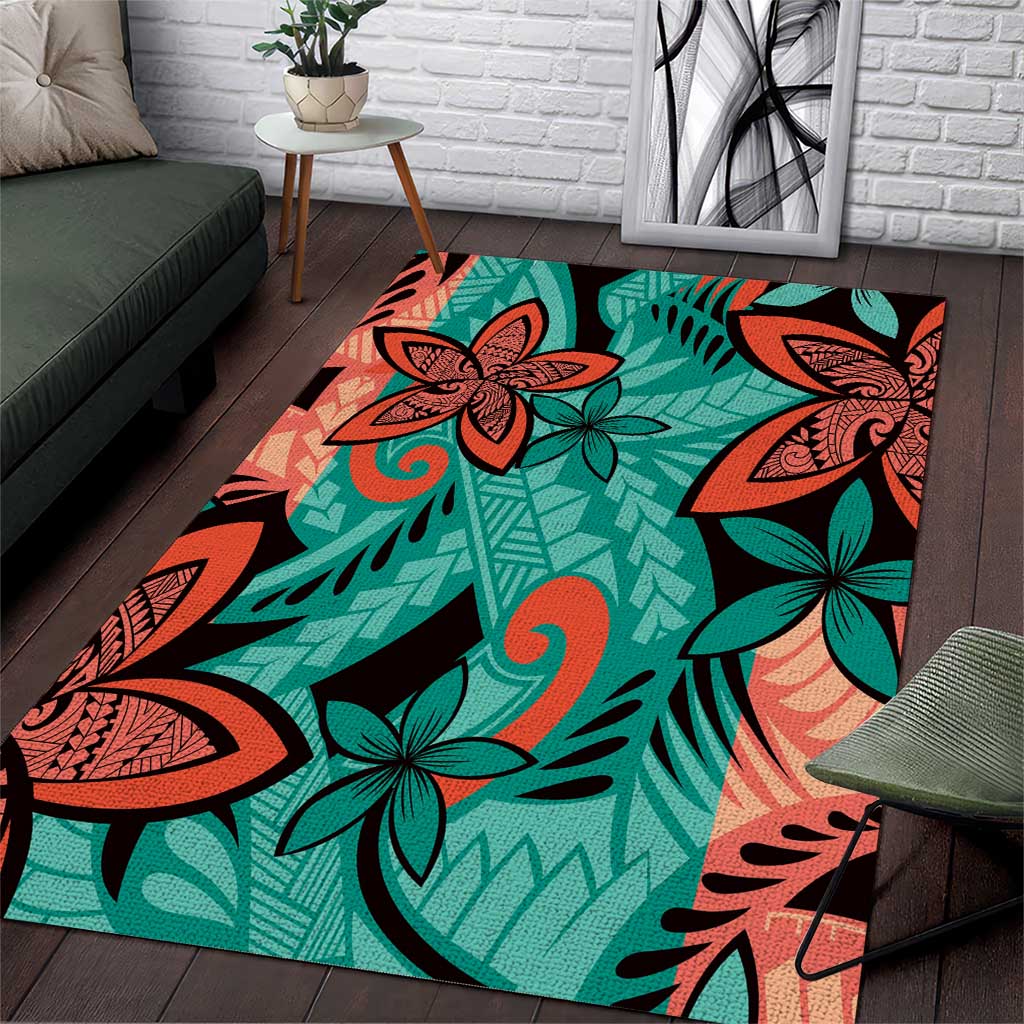 Plumeria Polynesian Pattern Area Rug Unique Fantasy Teal Orange