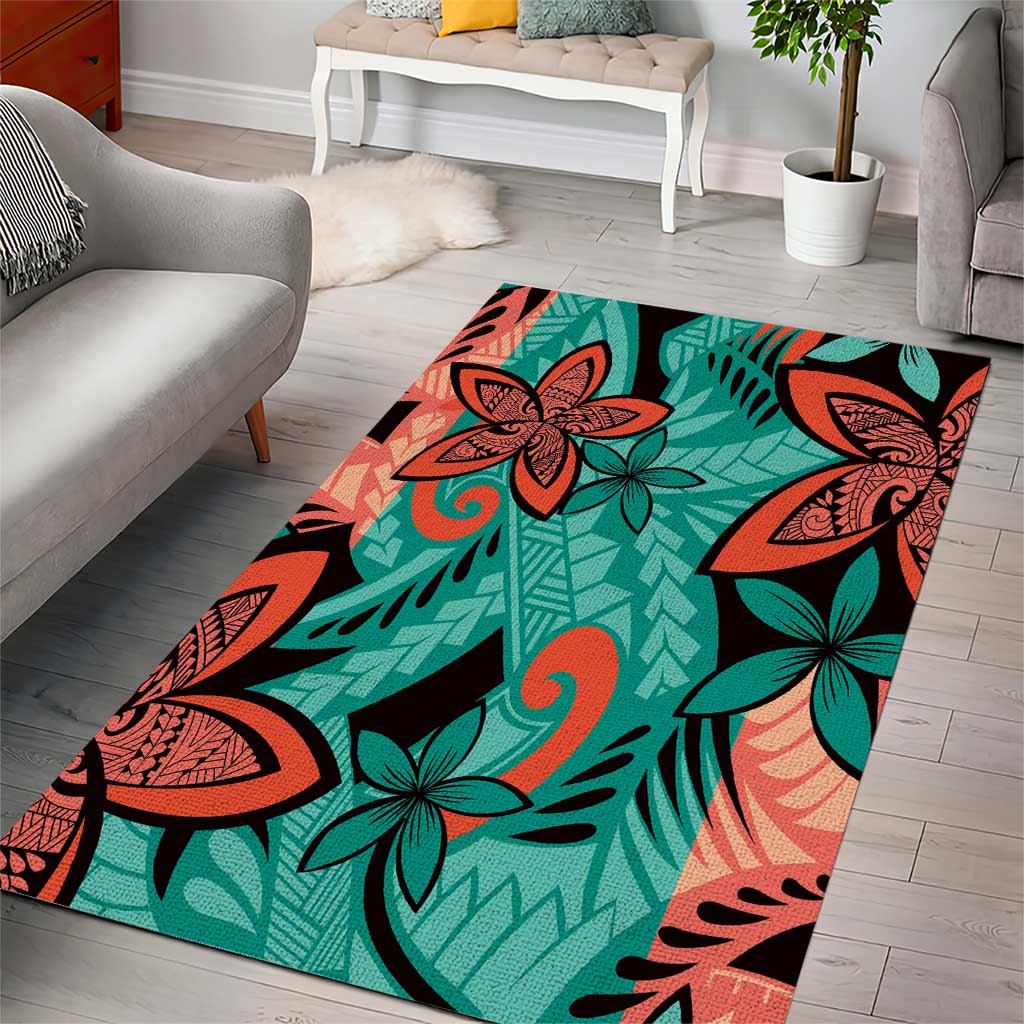 Plumeria Polynesian Pattern Area Rug Unique Fantasy Teal Orange