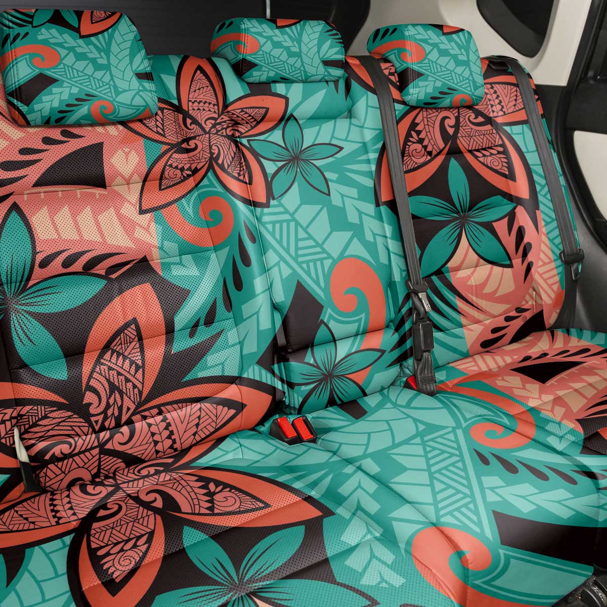 Plumeria Polynesian Pattern Back Car Seat Cover Unique Fantasy Teal Orange