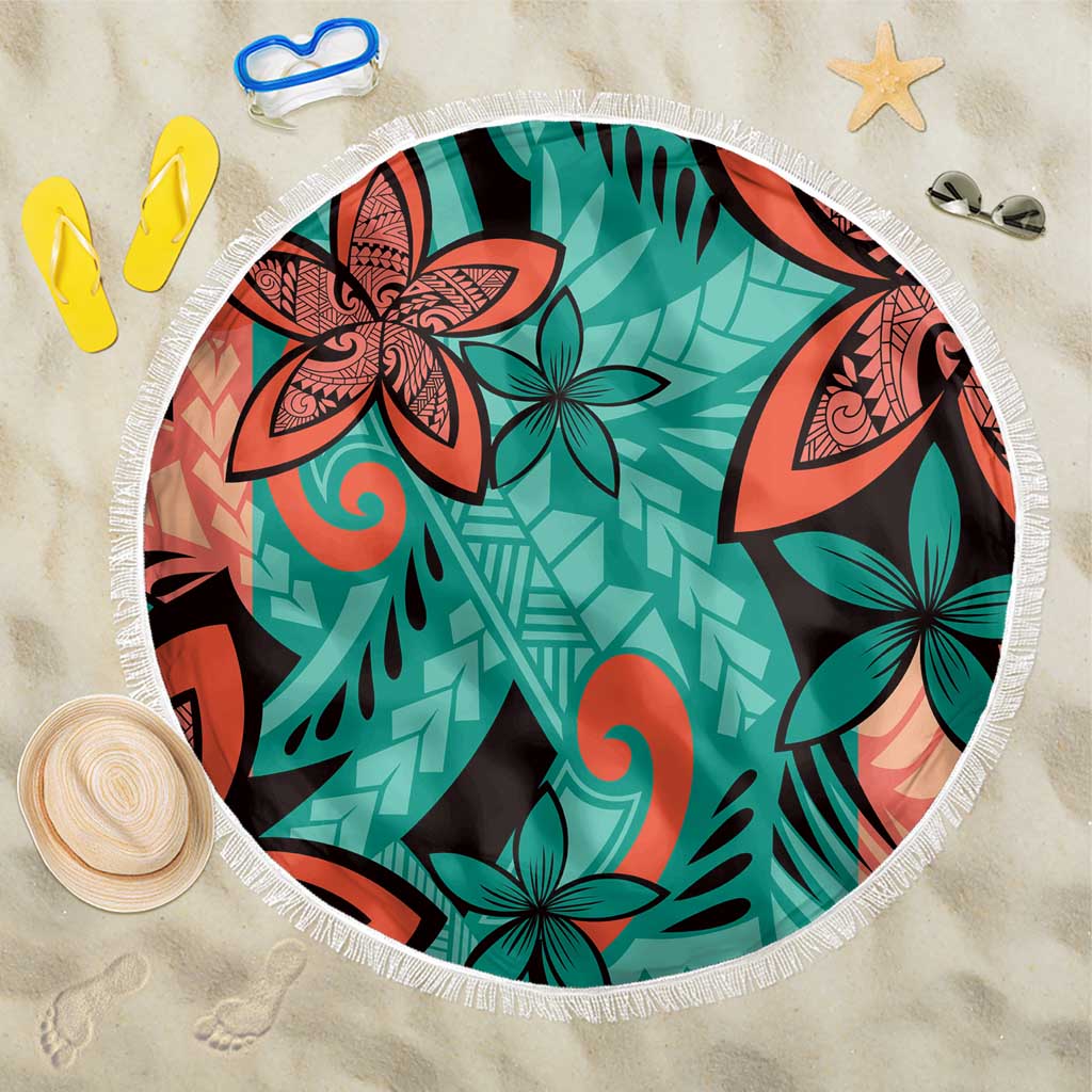 Plumeria Polynesian Pattern Beach Blanket Unique Fantasy Teal Orange