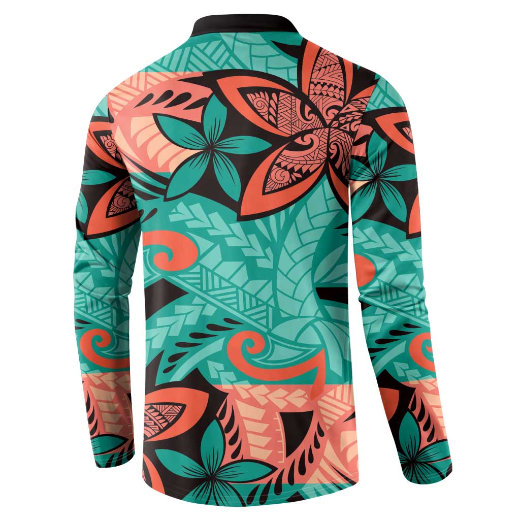 Plumeria Polynesian Pattern Button Sweatshirt Unique Fantasy Teal Orange