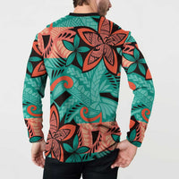 Plumeria Polynesian Pattern Button Sweatshirt Unique Fantasy Teal Orange