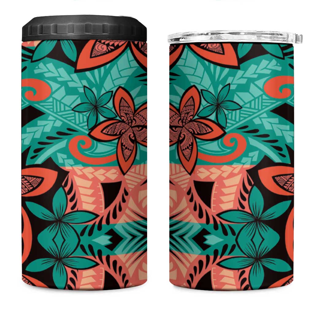 Plumeria Polynesian Pattern 4 in 1 Can Cooler Tumbler Unique Fantasy Teal Orange