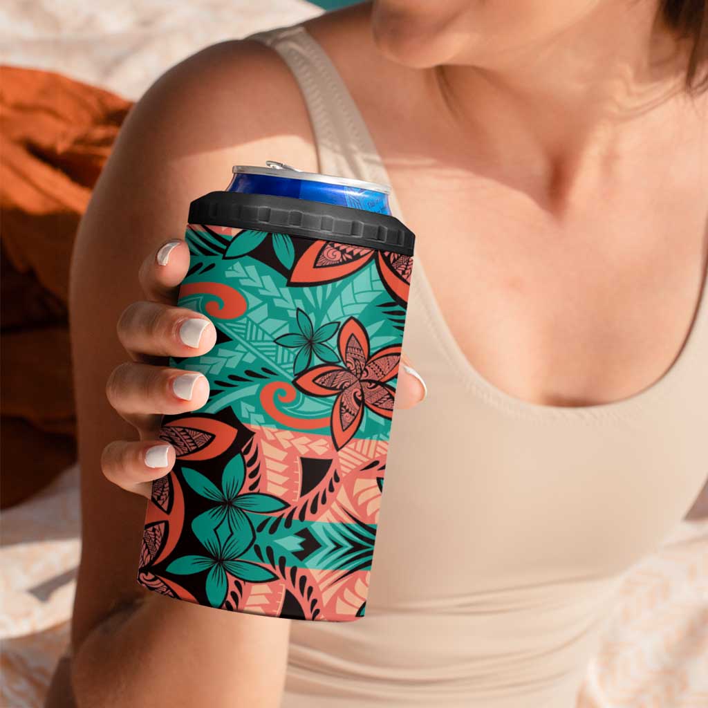 Plumeria Polynesian Pattern 4 in 1 Can Cooler Tumbler Unique Fantasy Teal Orange