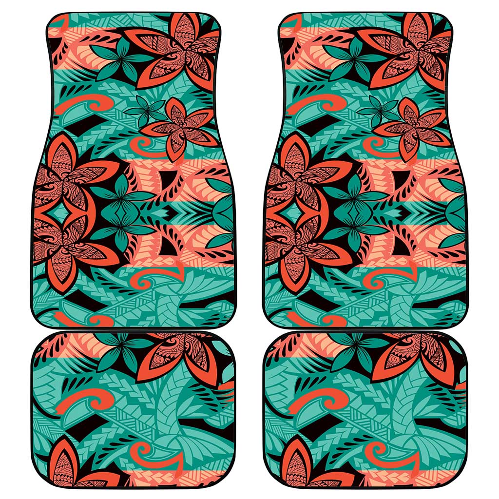 Plumeria Polynesian Pattern Car Mats Unique Fantasy Teal Orange