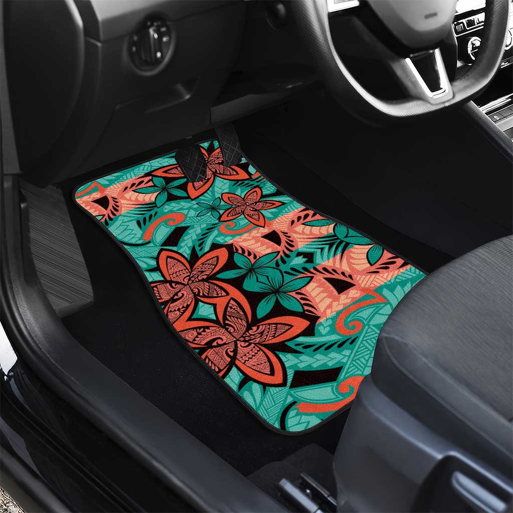 Plumeria Polynesian Pattern Car Mats Unique Fantasy Teal Orange