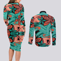 Plumeria Polynesian Pattern Couples Matching Long Sleeve Bodycon Dress and Long Sleeve Button Shirt Unique Fantasy Teal Orange