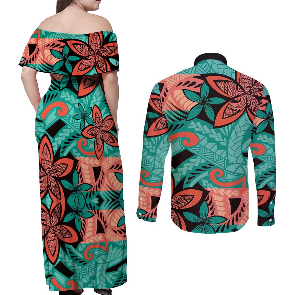 Plumeria Polynesian Pattern Couples Matching Off Shoulder Maxi Dress and Long Sleeve Button Shirt Unique Fantasy Teal Orange