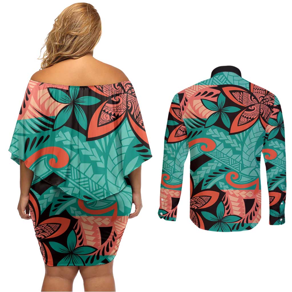 Plumeria Polynesian Pattern Couples Matching Off Shoulder Short Dress and Long Sleeve Button Shirt Unique Fantasy Teal Orange