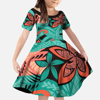 Plumeria Polynesian Pattern Family Matching Long Sleeve Bodycon Dress and Hawaiian Shirt Unique Fantasy Teal Orange LT01 Daughter's Dress Teal - Polynesian Pride