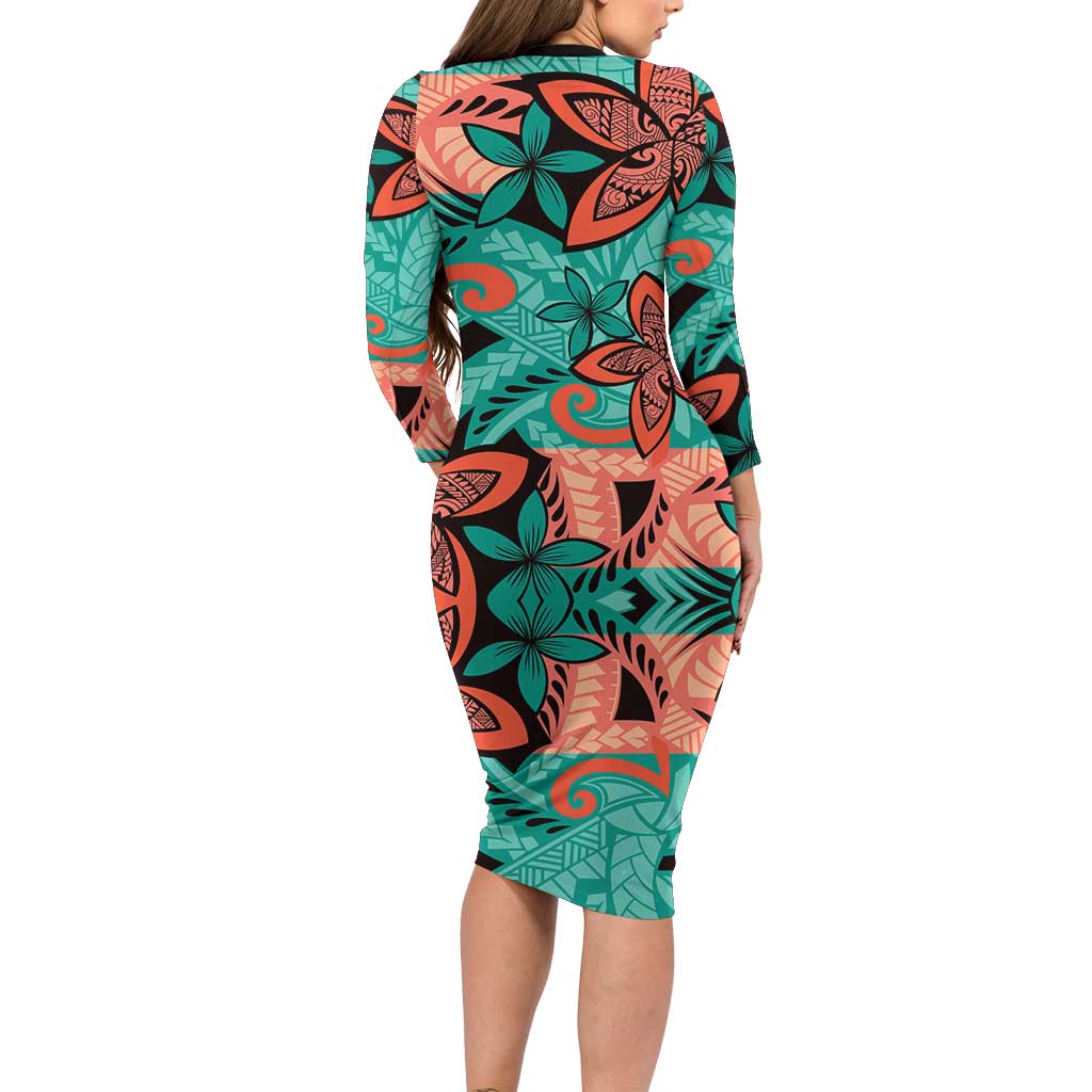 Plumeria Polynesian Pattern Family Matching Long Sleeve Bodycon Dress and Hawaiian Shirt Unique Fantasy Teal Orange LT01 - Polynesian Pride